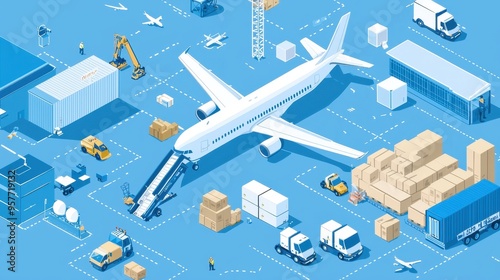 Cargo Airplane at Airport with Trucks and Boxes for Shipping and Logistics