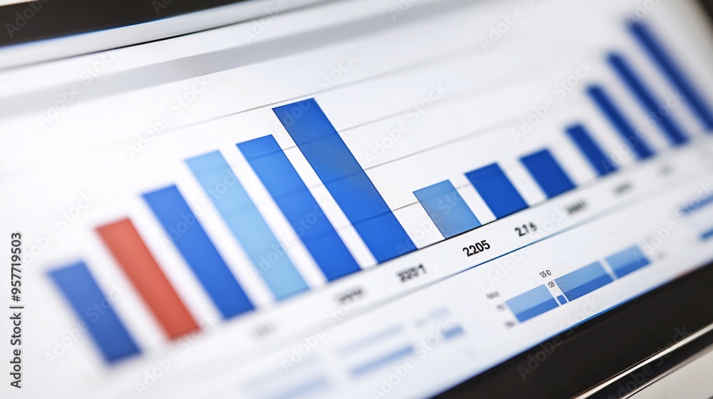 Modern Office Workspace Featuring Yearly Financial Report with Bar Charts and Line Graphs Modern Office Workspace Featuring Yearly Financial Report with Bar Charts and Line Graphs
