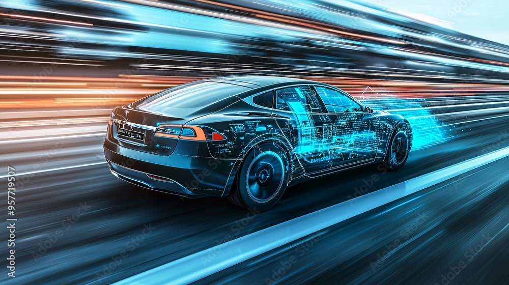 Electric Car in Motion on Highway with Digital Technology Overlay and Motion Blur Effects
