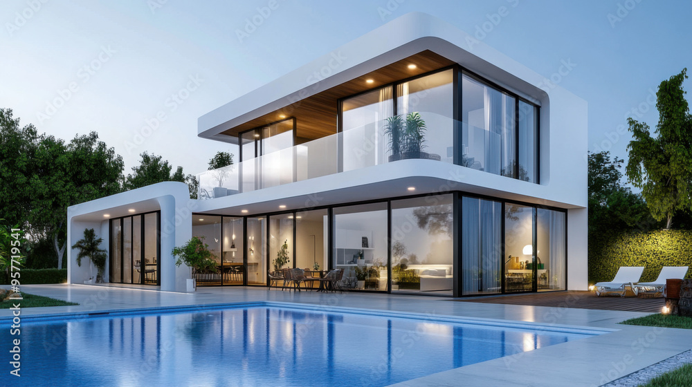 A modern luxury home with a sleek architectural design, large glass windows, and a swimming pool, set against a tranquil backdrop. A modern luxury home with a sleek architectural design, large glass windows, and a swimming pool, set against a tranquil backdrop.