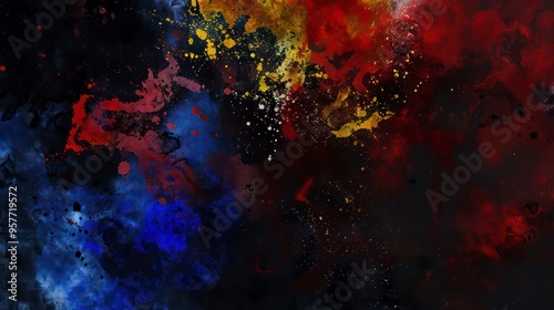 An abstract painting features vibrant blue, red, and yellow colors, skillfully blended with watercolor splashes against a deep black background, creating an expressive visual impact.