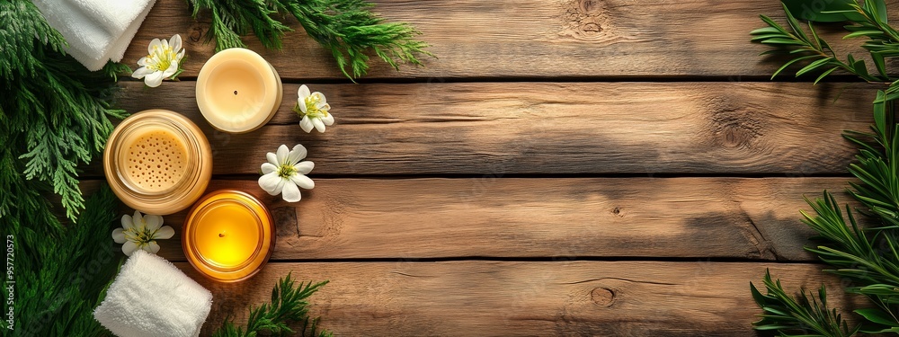 Relaxing spa setup with candles, flowers, and towels arranged on a wooden table surrounded by greenery Relaxing spa setup with candles, flowers, and towels arranged on a wooden table surrounded by greenery
