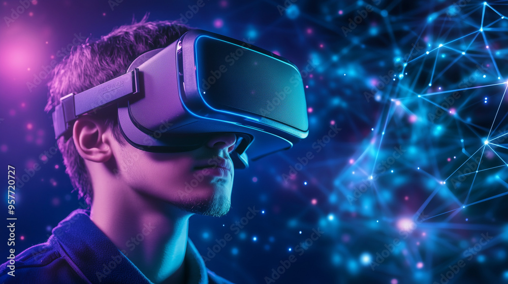 Abstract clause-up digital human face with VR head set as a wallpaper background illustration
Abstract clause-up digital human face with VR head set as a wallpaper background illustration