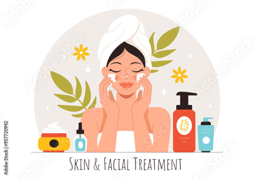 Vector Illustration of Facial and Skin Treatment featuring Women’s Skincare, Anti-Aging Procedures, Massage and SPA Wellness in a Cartoon Background