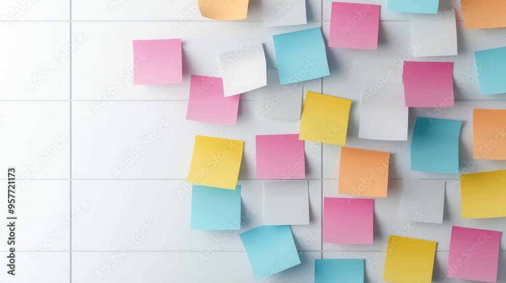 Business plan brainstorming with sticky notes and sketches, creative strategy session with copy space for text Business plan brainstorming with sticky notes and sketches, creative strategy session with copy space for text