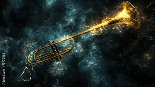 Golden Trumpet with Electric Sparks in a Cosmic Background, Surreal Musical Instrument Artwork