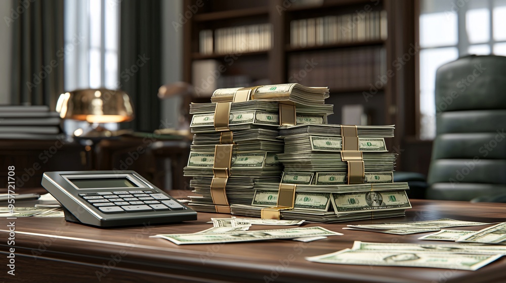 Luxury Office Desk with Cash Financial Reports and Calculator in Ultra Realistic Style Luxury Office Desk with Cash Financial Reports and Calculator in Ultra Realistic Style