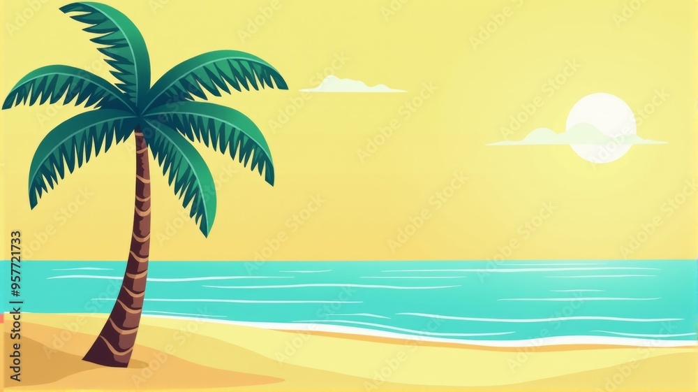 A palm tree is on a beach with the ocean in the background A palm tree is on a beach with the ocean in the background