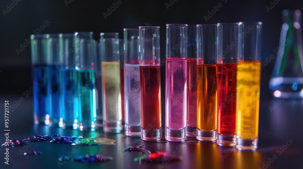 Colorful liquids in glass test tubes on a black surface, spilled liquid, dark background. Colorful liquids in glass test tubes on a black surface, spilled liquid, dark background.