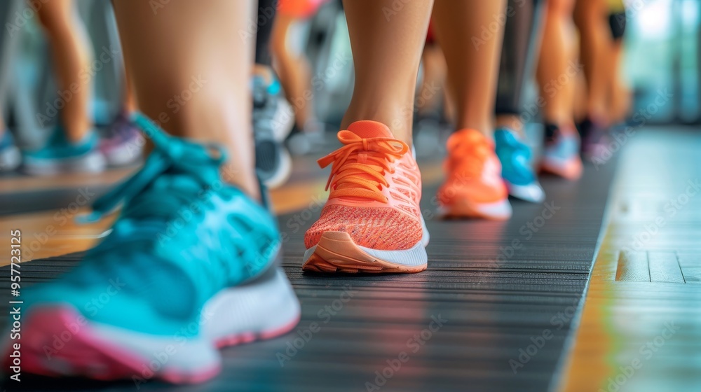 A Vibrant Display of Running Shoes in Action Inside a Fitness Center A Vibrant Display of Running Shoes in Action Inside a Fitness Center