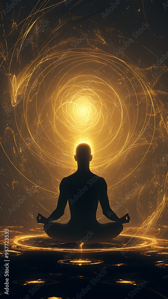 Silhouette of a person meditating in a glowing energy field, symbolizing spiritual enlightenment, inner peace, and cosmic connection. Silhouette of a person meditating in a glowing energy field, symbolizing spiritual enlightenment, inner peace, and cosmic connection.