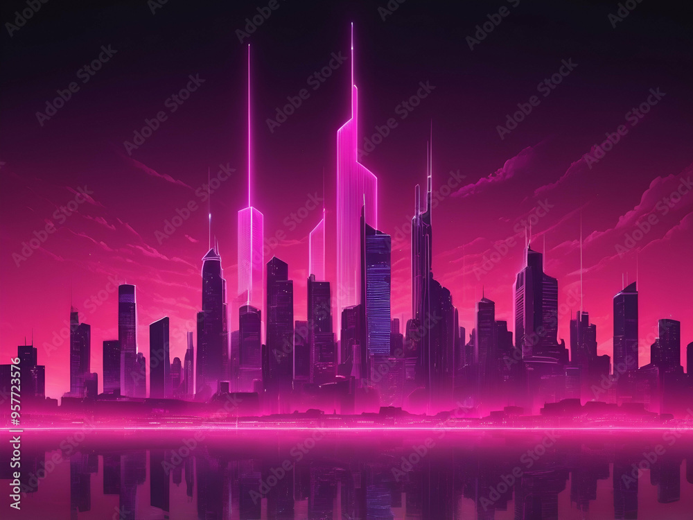 abstract Neon irridescent future city Skyline In Luminous Pink