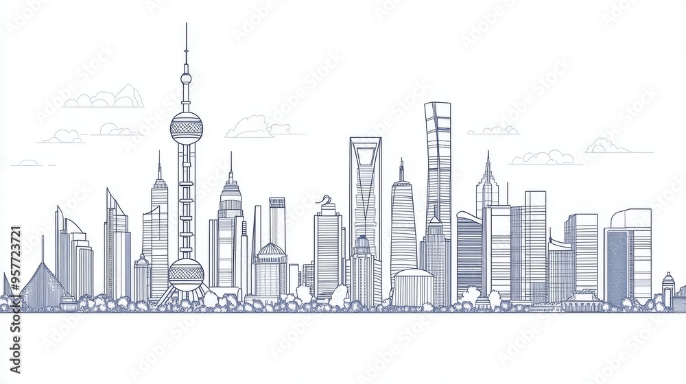 Obraz premium outline drawing of a city skyline featuring iconic buildings