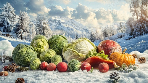 Fresh Winter Produce Arrangement Featuring Brussels Sprouts Cabbage and Winter Squash on S