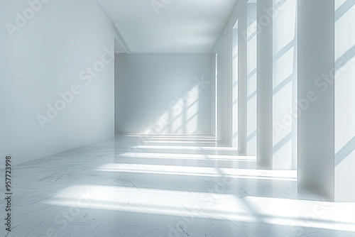 An abstract, empty white studio room serves as minimalist backdrop in this stock photo 