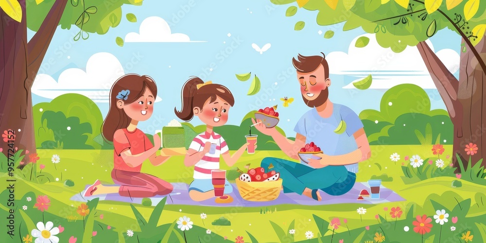 Happy family having a picnic in a park, enjoying quality time together and outdoor activities