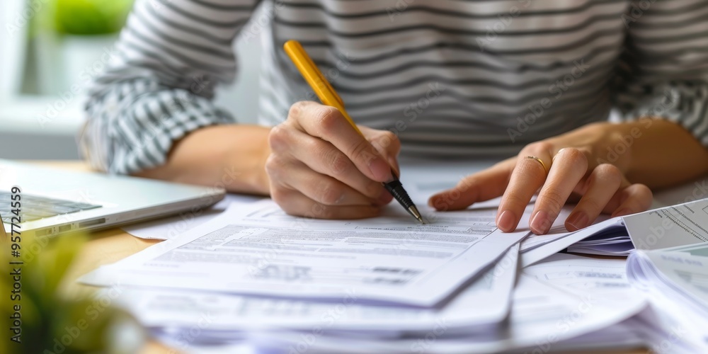 A person managing insurance paperwork at a desk, organizing coverage details for efficient healthcare management A person managing insurance paperwork at a desk, organizing coverage details for efficient healthcare management