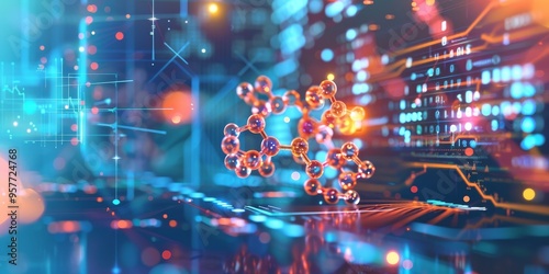 Dynamic 3D rendering of a molecular structure, set against a backdrop of scientific data and laboratory settings