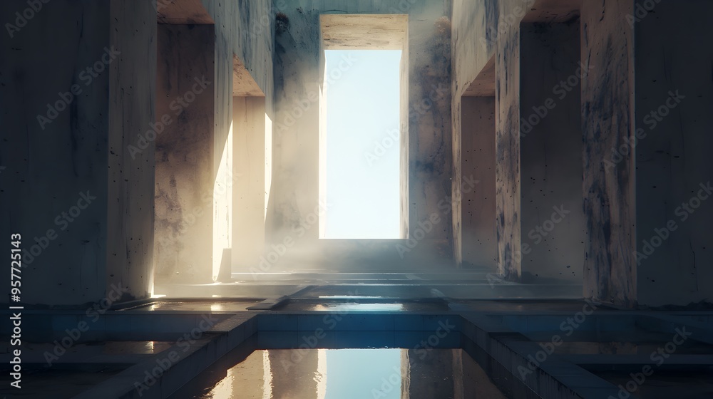 Naklejka premium Misty, sunlit concrete hallway with reflective floor and tall window. Suitable for website backgrounds, architectural designs, interior decor concepts.