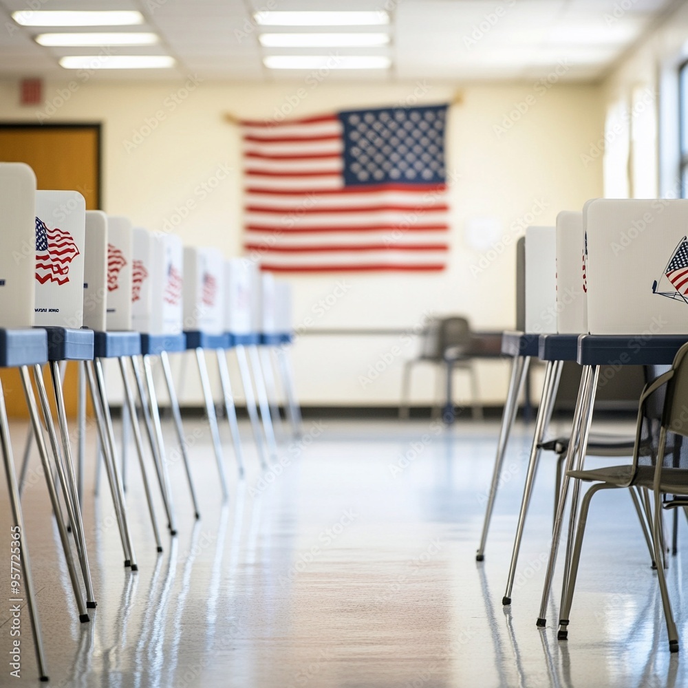 Naklejka premium Straight on row of voting booths at polling station
