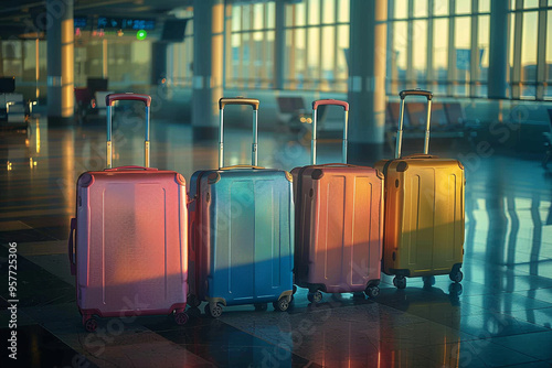 A panoramic view captures vibrant energy of a polyamorous family, their suitcases packed and ready, at airport on a sunny summer morning, filled with excitement and anticipation as they embark on a ne