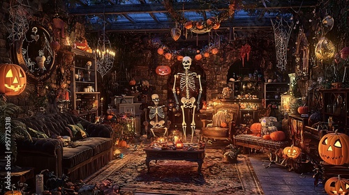 Spooky Halloween Decorations Featuring Skeletons in an Eerie and Festive Setup with Vibran