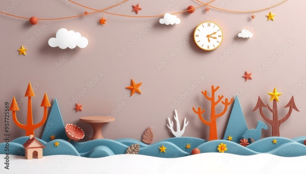 Cute 3D Paper Craft Scene with a Clock, Stars and a House on a Pink Background.