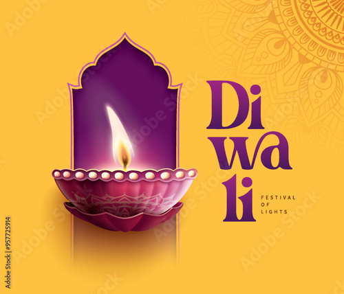 Happy Diwali festival with oil lamp, Rangoli decoration with Diya, Diwali holiday Background with rangoli, Diwali celebration greeting card,vector.