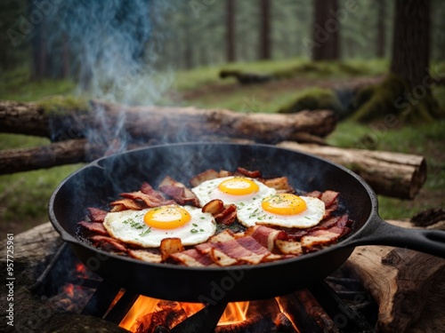 Fried eggs with bacon in a pan in the forest photo