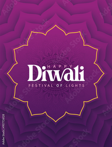 Happy Diwali festival with oil lamp, Rangoli decoration with Diya, Diwali holiday Background with rangoli, Diwali celebration greeting card,vector.