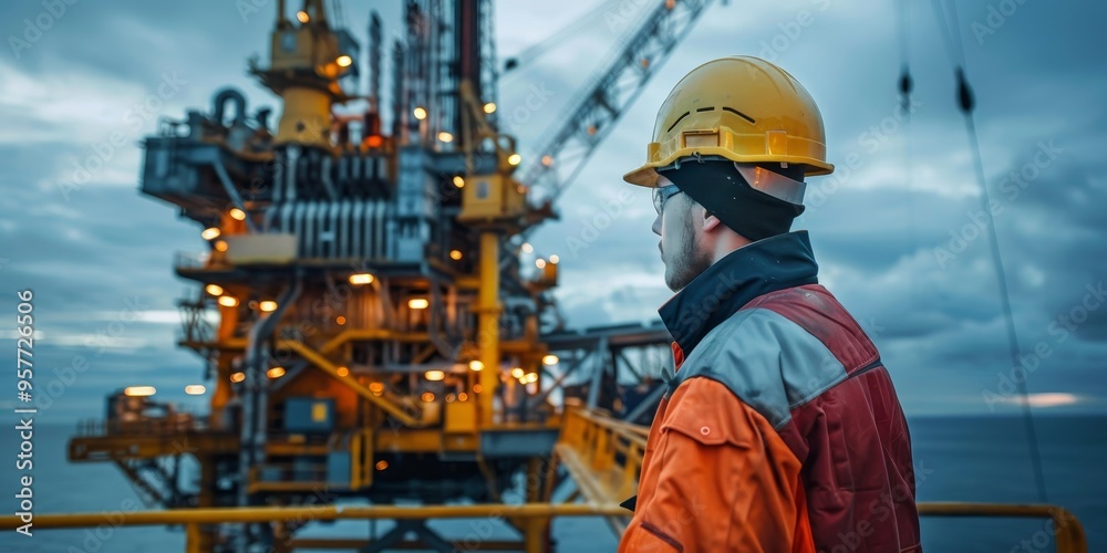 Petroleum technician conducting routine maintenance on a drilling rig, ensuring operational readiness for exploration tasks Petroleum technician conducting routine maintenance on a drilling rig, ensuring operational readiness for exploration tasks