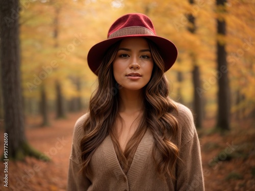 women wearing red hat standing in autumn park