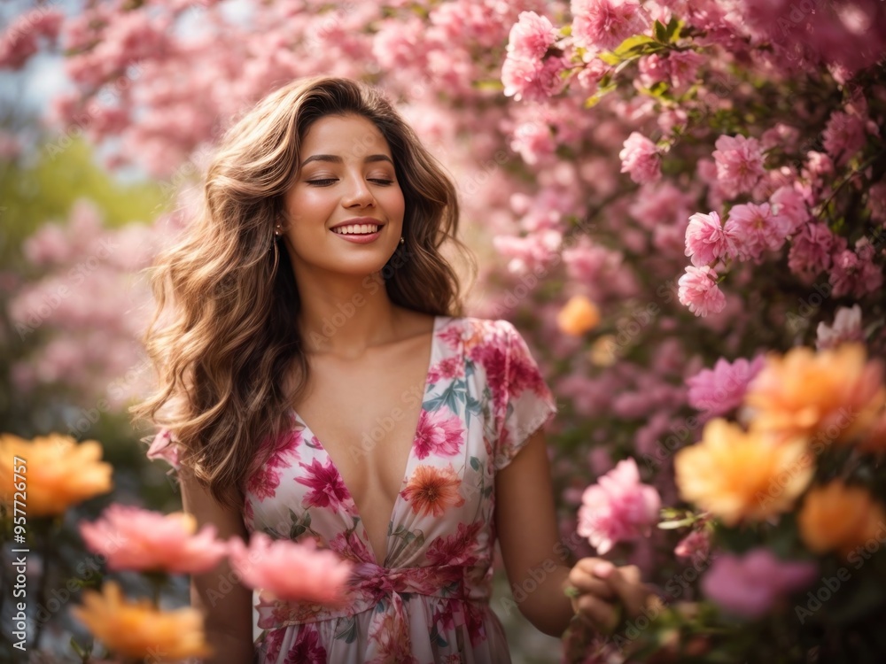Beautiful happy young woman enjoying smell in a flowering spring garden Beautiful happy young woman enjoying smell in a flowering spring garden