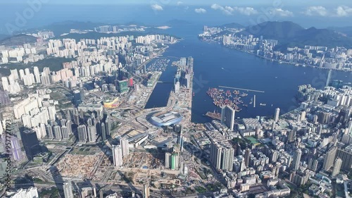 Seaside Commercial residential construction site in Kai Tak Cruise Terminal Hong Kong city, Kwun Tong, and Kowloon Bay near Victoria harbour, Aerial drone Skyview photo