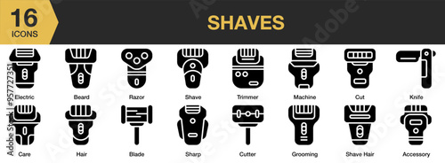 Shaves solid icon set. Includes electric, grooming, hair, knife, razor, sharp, and More. Solid icons vector collection.