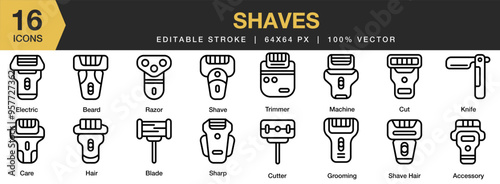 Shaves icon set. Editable Stroke Icon Collection. Includes accessory, beard, blade, care, cut, cutter, and More. Outline icons vector collection.