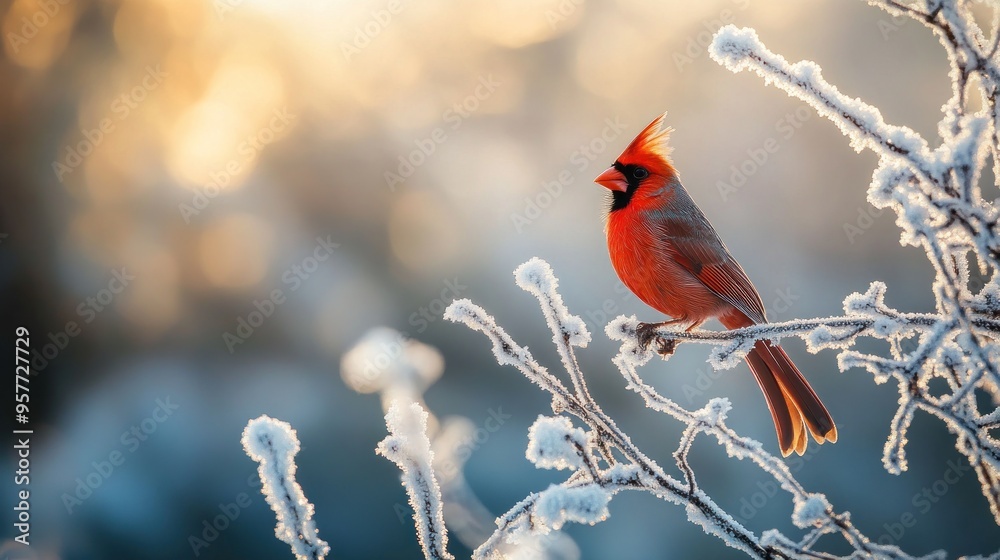 A Cardinal Perched on a Frost-Covered Branch A Cardinal Perched on a Frost-Covered Branch