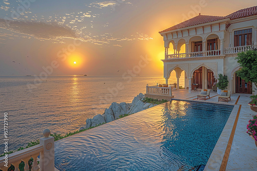 luxurious vacation trip to a stunning villa in Qatar, where panoramic view of sea and ocean stretches out before you, offering a breathtaking sight of sunrise and sunset photo