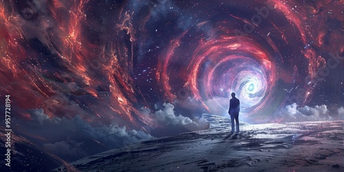 A dramatic scene of an adventurer stepping through a series of portals, each leading to a radically different universe photo