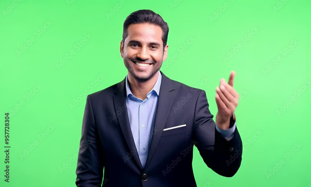 Smiling Man in Suit Inviting with Hand Gesture Smiling Man in Suit Inviting with Hand Gesture