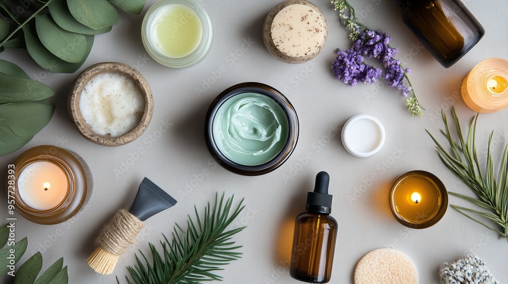 Aromatic beauty products and candles arranged on a light background with natural elements showcasing a serene spa atmosphere Aromatic beauty products and candles arranged on a light background with natural elements showcasing a serene spa atmosphere
