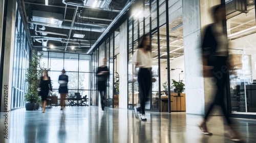 Blurred Crowd of Business People Walking in an Corridor. Motion Blur and Bokeh Effect