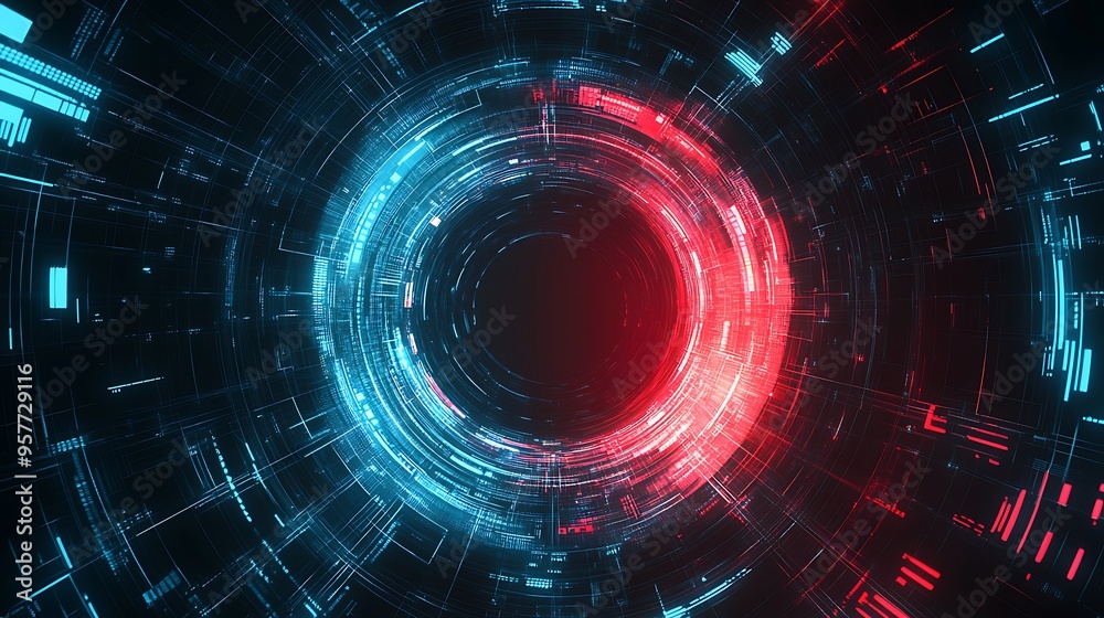 Abstract Digital Tunnel with Red and Blue Glowing Lines