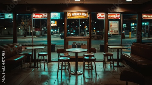 Empty Diner Booth With Nighttime City View