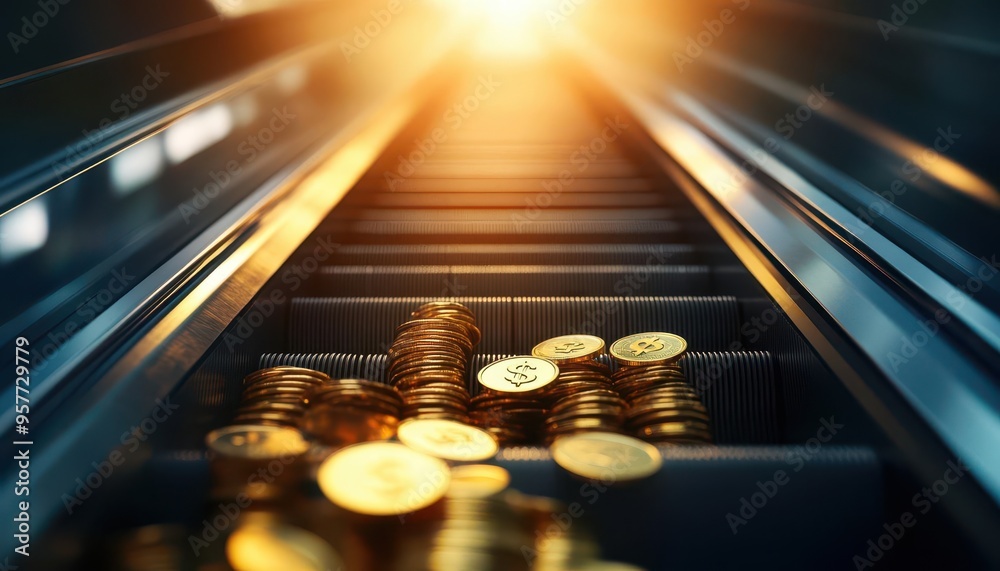 Descending escalator with coins and interest rate symbols, illustrating economic downturn Descending escalator with coins and interest rate symbols, illustrating economic downturn
