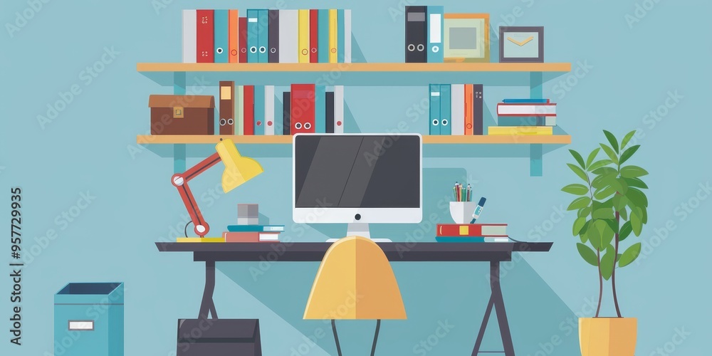 Modern office desk setup with passive income books and digital resources, promoting learning and education Modern office desk setup with passive income books and digital resources, promoting learning and education