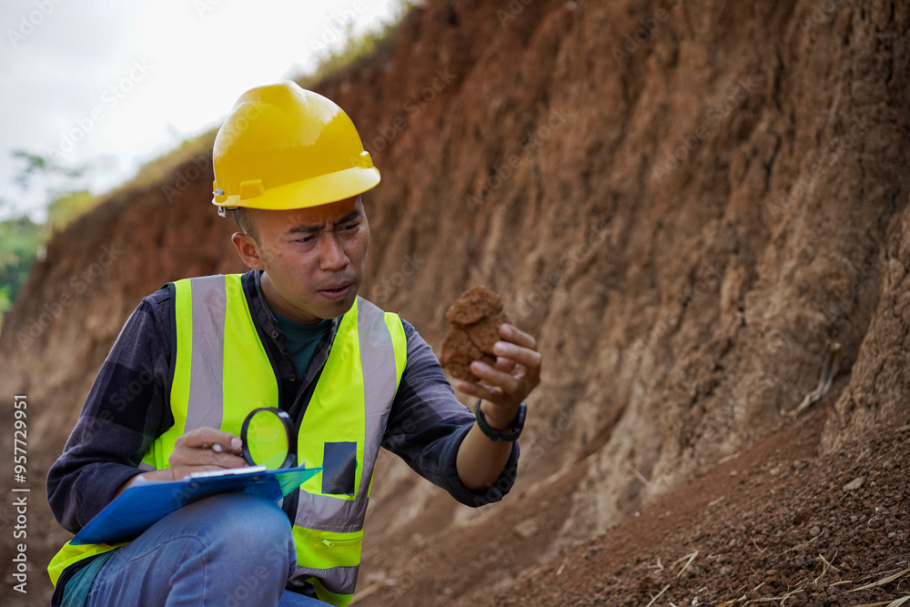 Young male construction worker observes and examines the soil structure in the field using a magnifying glass and then records it.