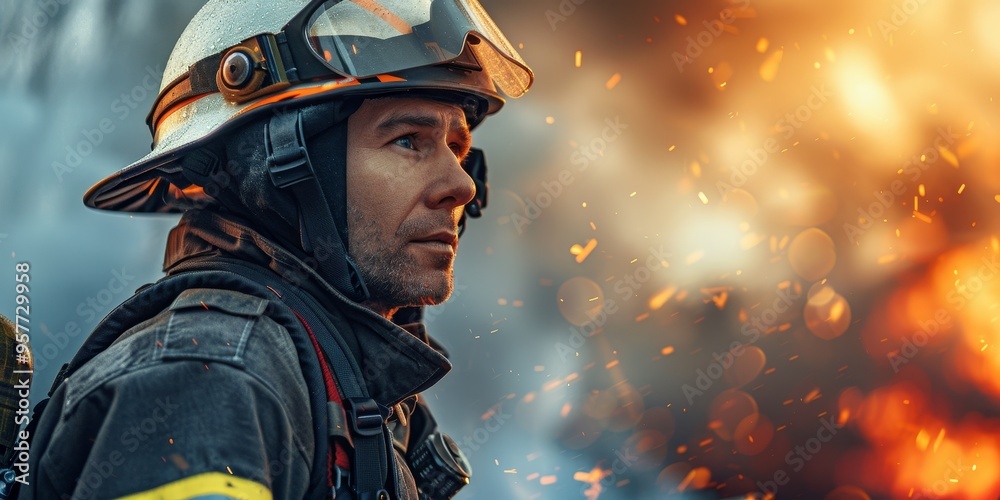 Portrait of a firefighter in uniform with firefighting equipment, symbolizing bravery and emergency response Portrait of a firefighter in uniform with firefighting equipment, symbolizing bravery and emergency response
