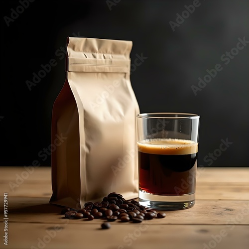 A bag of coffee and a brewed coffee product shot.