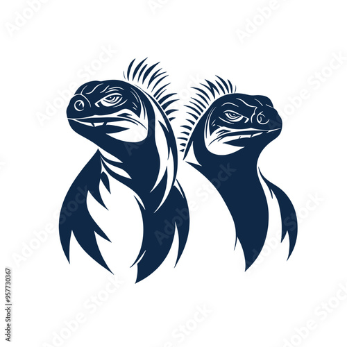 Stylized graphic of two marine iguanas in a monochromatic design, highlighting reptilian features and marine wildlife in a minimalist style